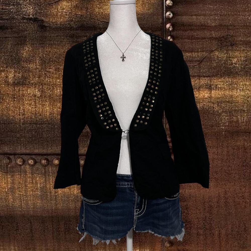 gold bronze studded trim TWIGGY LONDON edgy black blazer